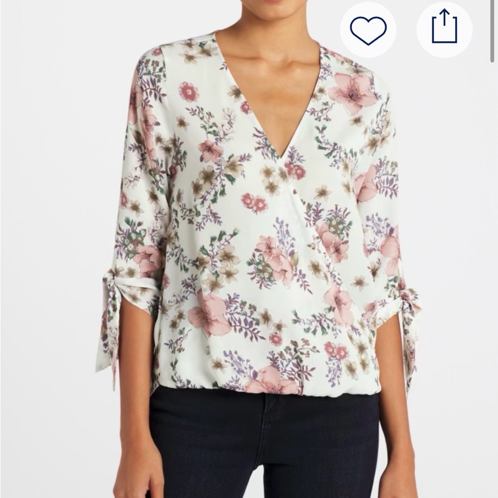 Beacon Cream Floral Surplice Tie-Sleeve Blouse